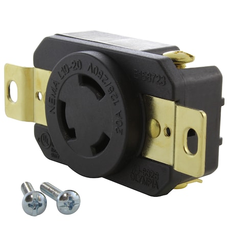 Ac Works Locking Receptacle, L10-20R, 20 A, 125/250V AC, 3 Pole, Flush Mount, Black FML1020R